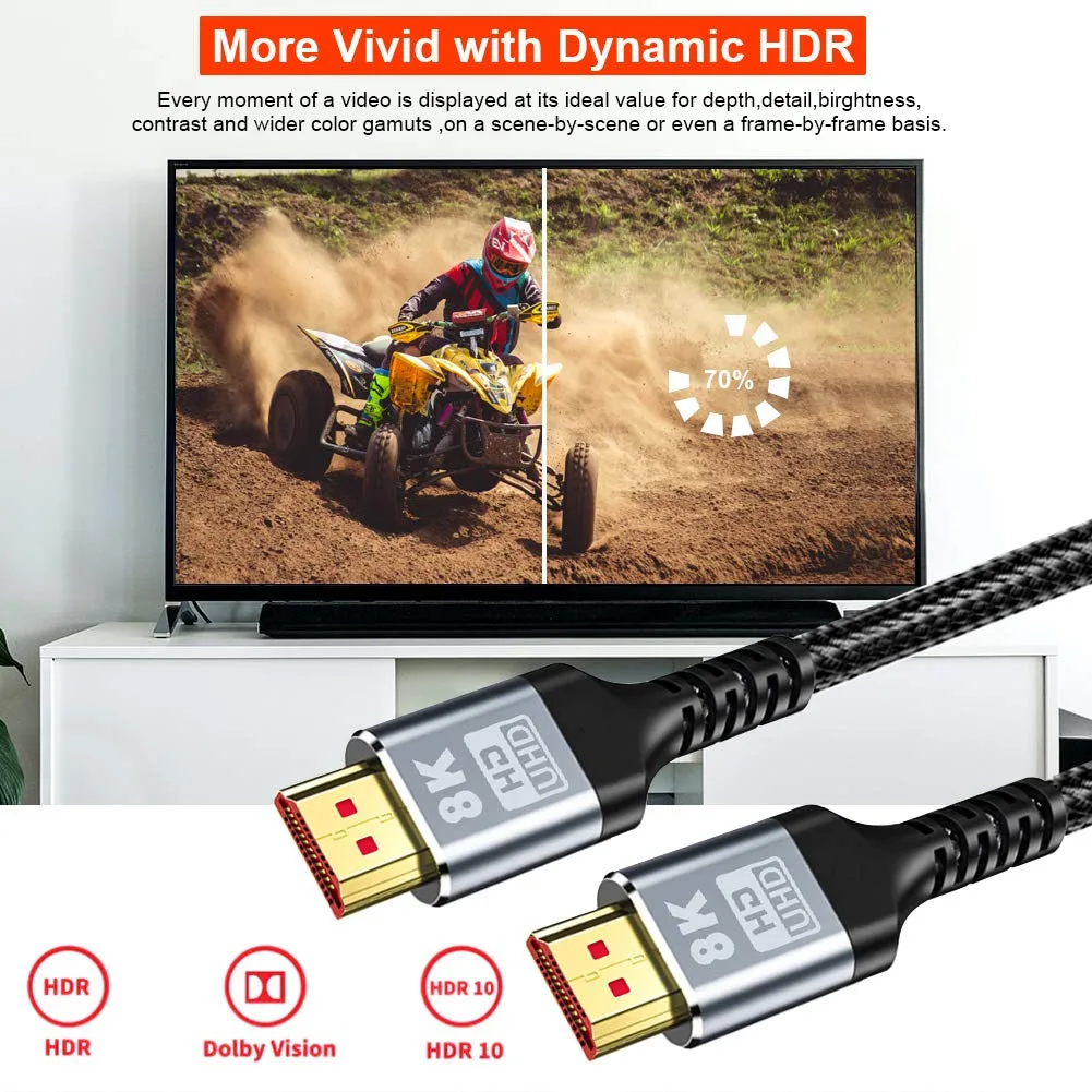 HDMI 2.1 8K Kabel Ultra Digital HD UHD Kepang Tinggi Bersertifikat 48Gbps 8K@60Hz Kabel Untuk Monitor TV Box PS5 Laptop