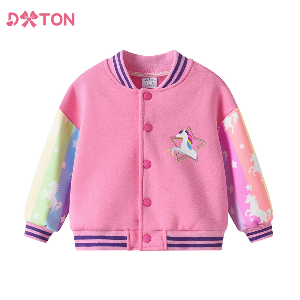 DXTON Girls Baseball Jackets Unicorn Children Sports Outerwear Coat Kids Casual Clothes Cardigan Winter Toddler Warm Jackets