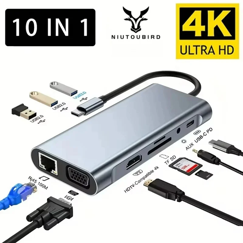

Концентратор USB C 4K 30 Гц Type-C к HDTV-совместимому адаптеру USB 3.0 10-в-1 Концентратор Type-C Док-станция PD 87 Вт Разветвитель USB C для MacBook