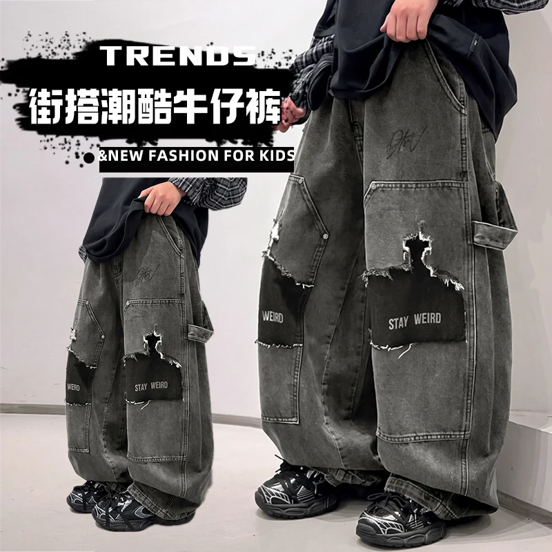 High Quality Denim Pants For Boys Children Daily Wears Clothing Bottoms Baby Blue Black Stylish Patchwork Jeans Trousers 4-14 Y