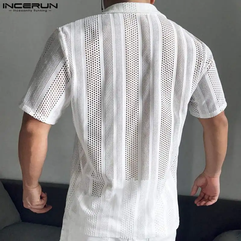 2024 Men\'s Shirt Mesh Transparent Lapel Short Sleeve Summer Men Clothing Streetwear Hollow Out Fashion Casual Camisas INCERUN