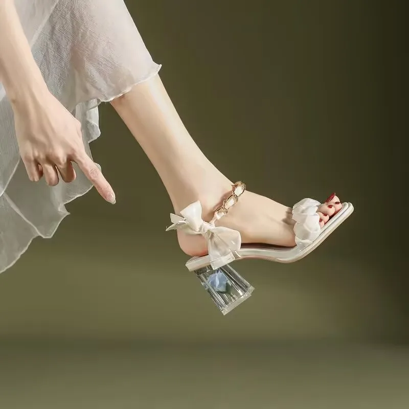 

Новые босоножки на высоком каблуке Fairy Wind Rose, летние женские босоножки на толстом каблуке, универсальные повседневные шлепанцы с женским бантом, туфли на высоком каблуке