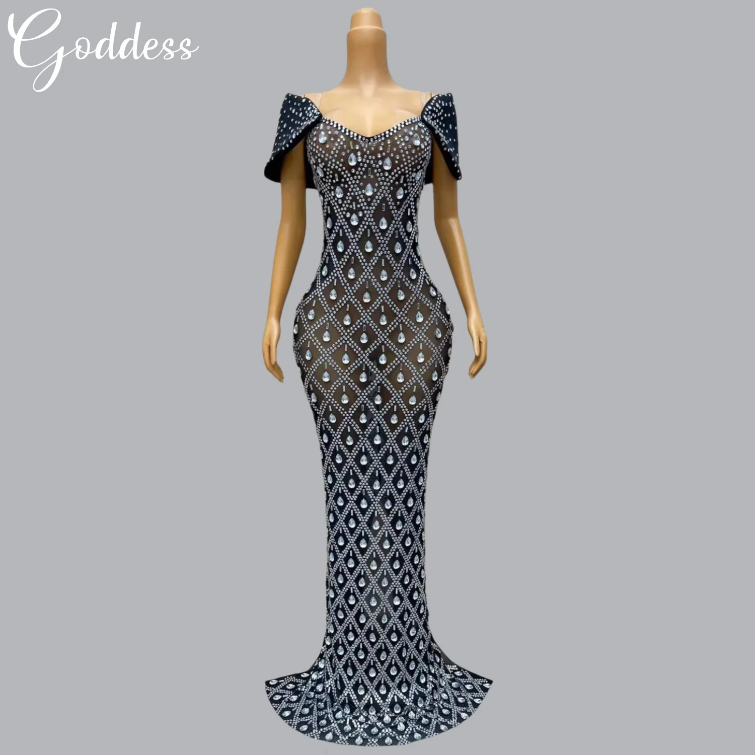 

Luxury Black Rhinestones Long Dress Mesh See Through Sparkly Crystals Evening Dress Birthday Party Singer Stage Costume Dress