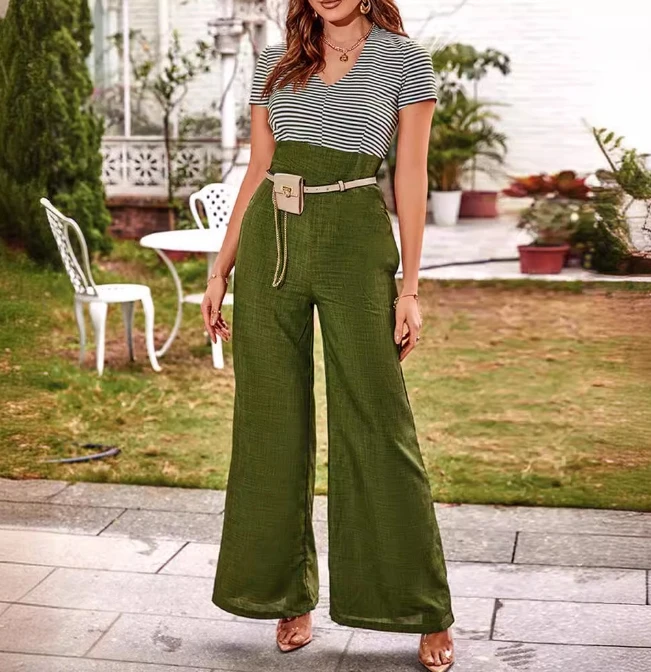 

Women's Commuting Jumpsuit 2024 Spring Summer Latest Light Green Short Sleeved Striped Tight Wide Leg Romper Long Pants Bodysuit