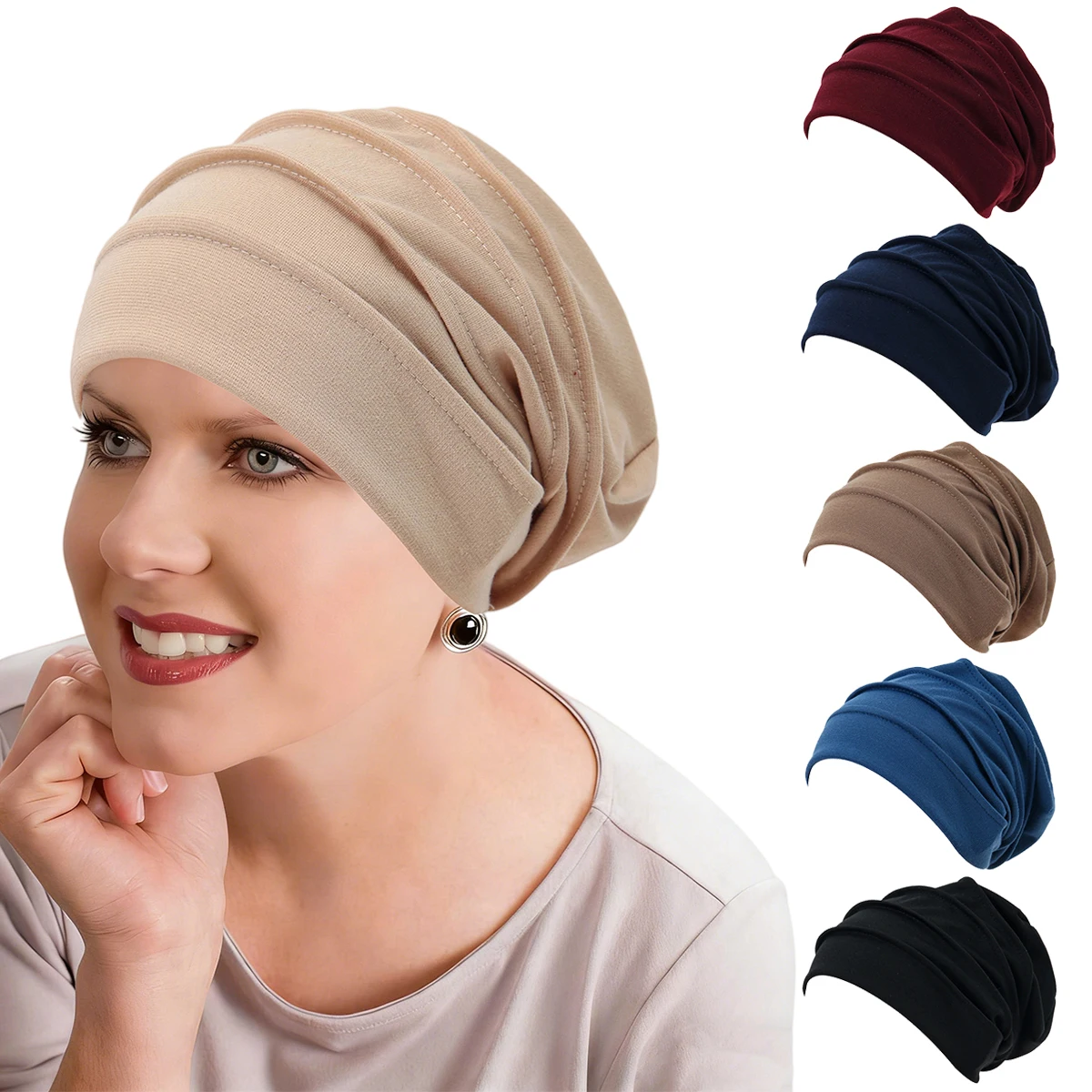 

2026 New Solid Color Women's Hijabs Turban Bonnet Soft Elastic Head Cap Hat Ruffle Cancer Chemo Cap Muslim Scarf Cap