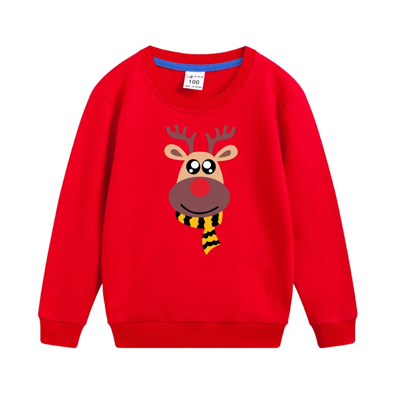 Roter Weihnachts-Hirschmantel für Kinder, langärmeliger Baumwoll-Hoodie für Babys, Jungen und Mädchen, neuer Pullover, 3–14 Jahre