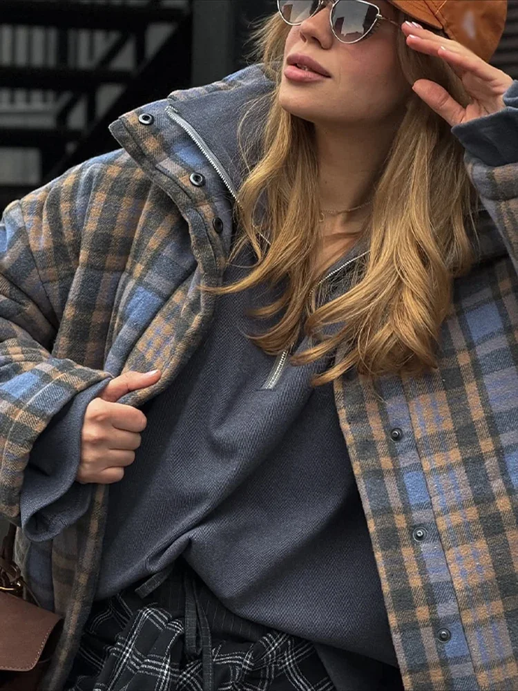 Retro Plaid Cotton Pad Jacket Women Lapel Zipper Long Sleeve Loose Female Coat 2026 Spring Winter Casual Lady New In Outerwear
