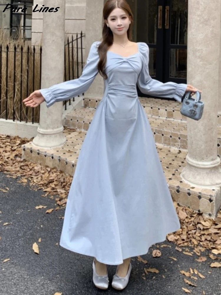 

Women Korean Puff Sleeves Off-Shoulder Bow Plus Size Dresses Casual A-Line Slim Midi Dress Elegant Office Lady Basics Vestidos