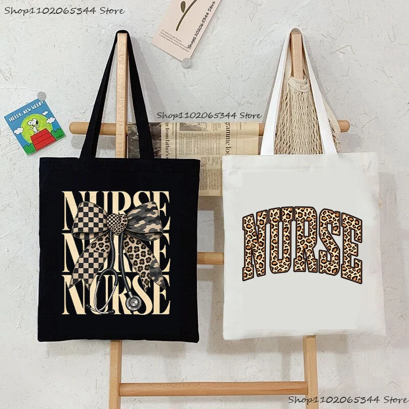 Nurse Leopard Bow Stethoscope Tote Bag Checkered Print Medical Worker Canvas Shoulder Bag Nurse Appreciation Gift Women Handbag