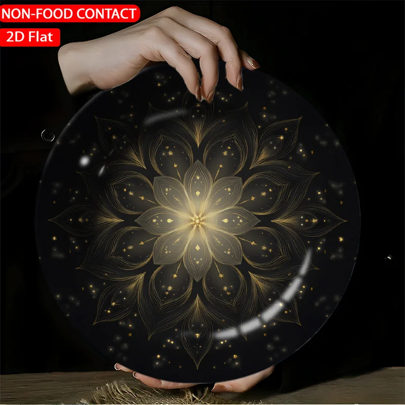 Golden Floral Mandala Dark--2D Planar Circular Porcelain Plate, Not for Food Contact, for Home Tabletop Decoration, as a Piece