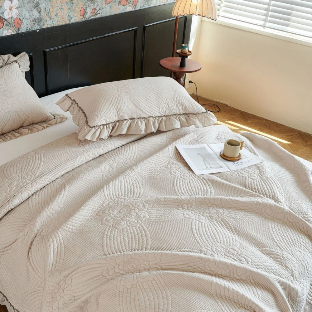 Fotografia 4: Conjunto de colcha bordada de luxo, 3 peças, 100% algodão, decoração com babados, verão, leve, edredom e cobertor, cobertor elegante para cama