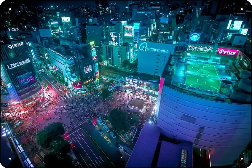 Shibuya crossing from above and Soccer field on the roof Art Print Funny Metal Tin Sign for Home Kitchen Bar Room Garage Decor 