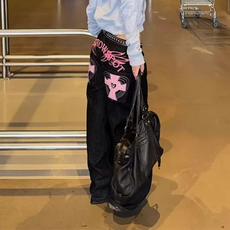 ANJY Spring Autumn New Women Trendy Cross Design Heavy Patchwork Leather Jeans Chic High Street Slim Wide Leg Denim Pants A21455