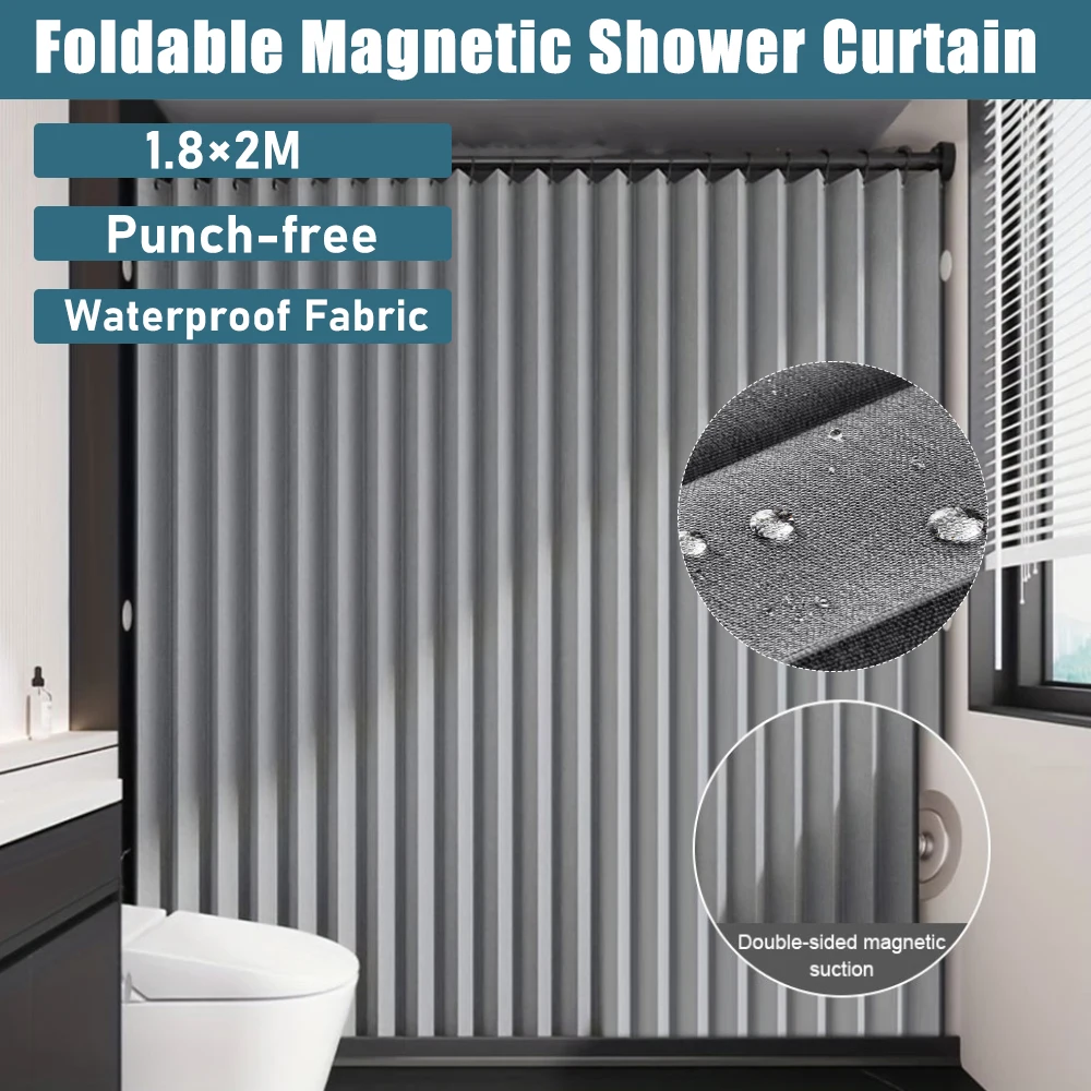 

Foldable Magnetic Shower Curtain Waterproof Bath Curtain with 12/14 Hooks Bathroom Curtain Modern Bathroom Curtain for Bathroom