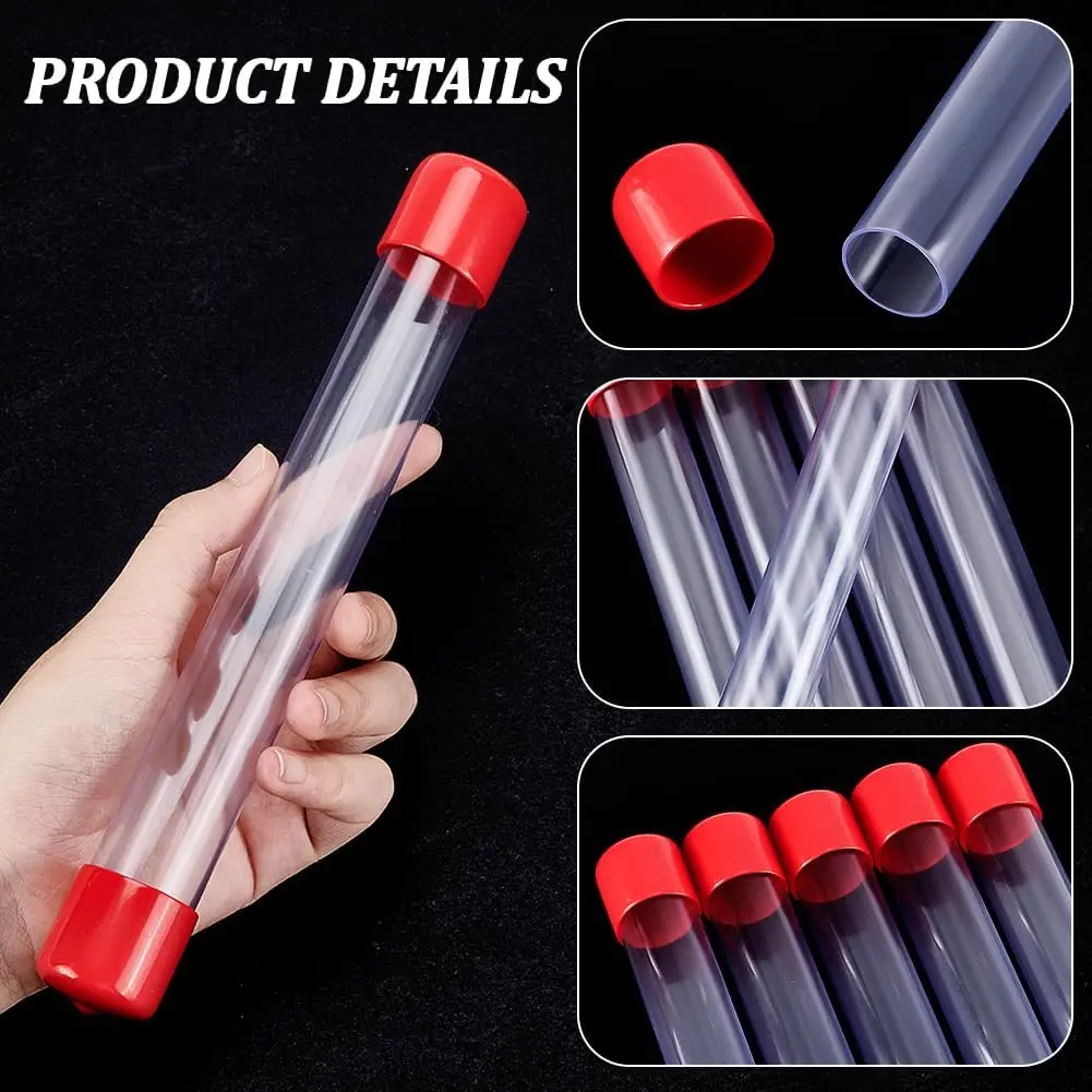 8'' Empty Storage Tubes Rigid Plastic Tube with Red Rubber Caps Clear Storage Tube for Bead Containers, Craft, DIY Decor 100pack
