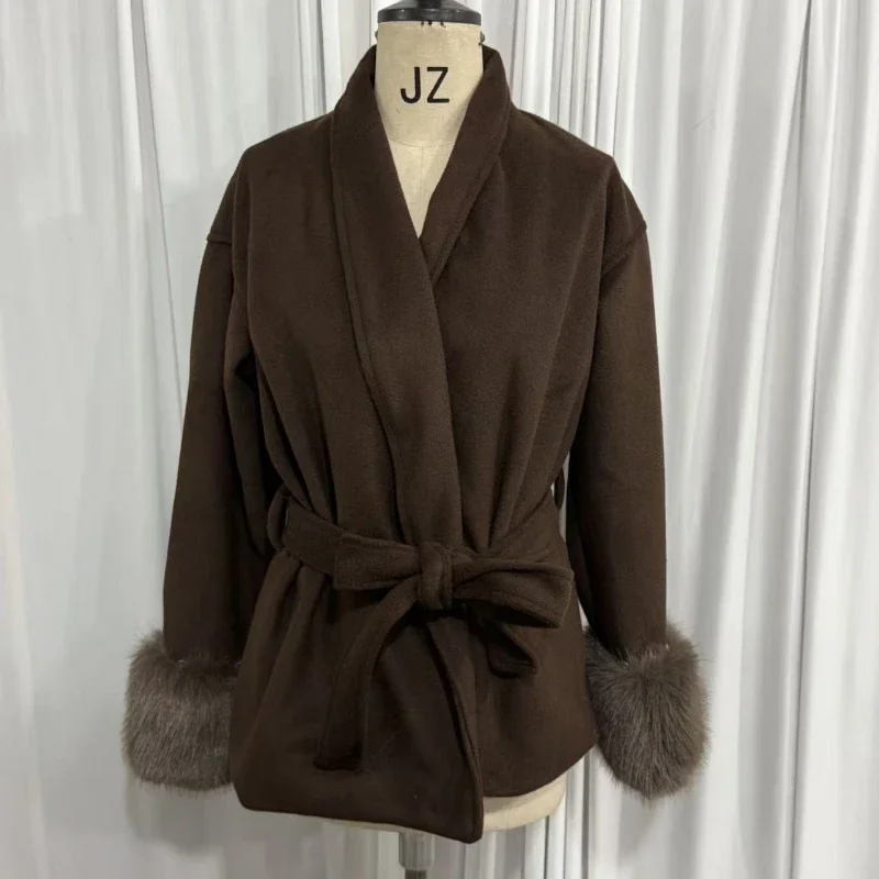 Lapel Coats Women 2025 Autumn Plush Lace Up Vintage Solid Faux Fur Sleeve Tweed Open Female Winter Casual Street Outwear Jacket