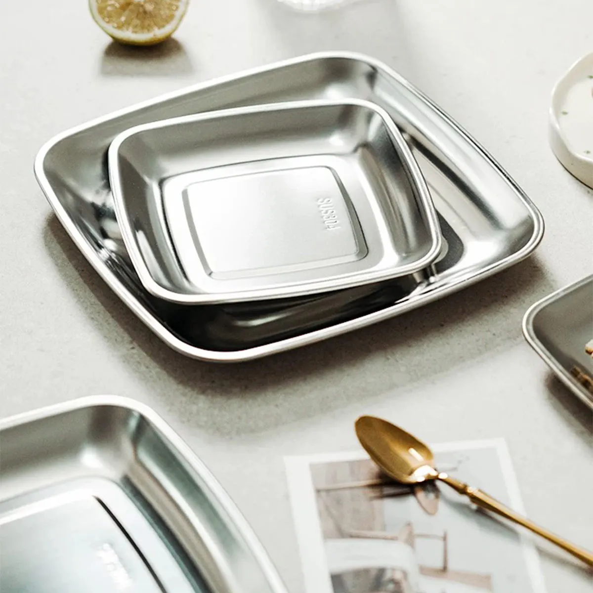 6/6.5/ 7inch Stainless Steel Square Plate for Restaurant and Home Use, Snack Plate, Dish Plate, Dessert Plate, Fruit Plate, Barbecue Plate, Hot Pot Side Dish Plate 1Pcs