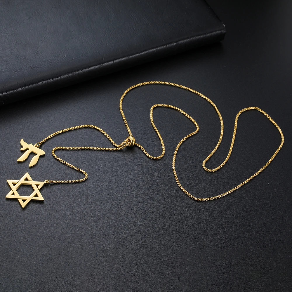 Dawapara Davidstern und jüdischer hebräischer Chai-Anhänger, lange Halskette, Pulloverkette, Hexagramm, Judentum, Edelstahlschmuck – Detail 16