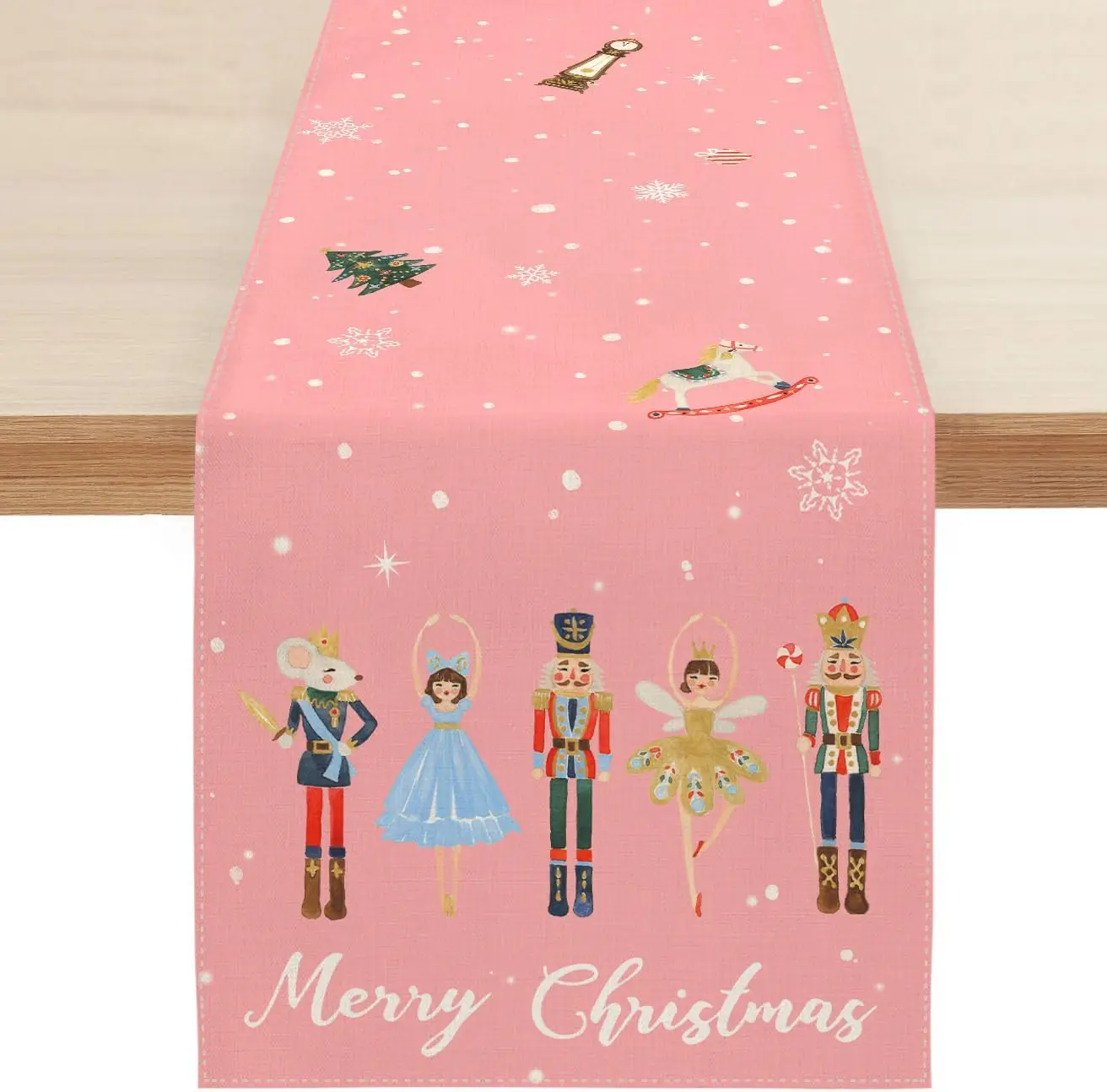 Christmas Nutcracker Pink Linen Table Runner Holiday Party Decor Winter Xmas Kitchen Dining Table Runner Christmas Decorations