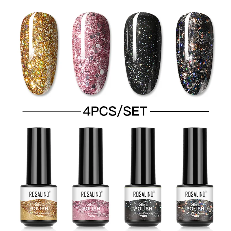 

ROSALIND 4PCS Glitter Nail Polish Gel Kit Semi Permanent Varnishes Soak Off Base Top Coat Nail Gel UV/LED Lamp Nail Art Design