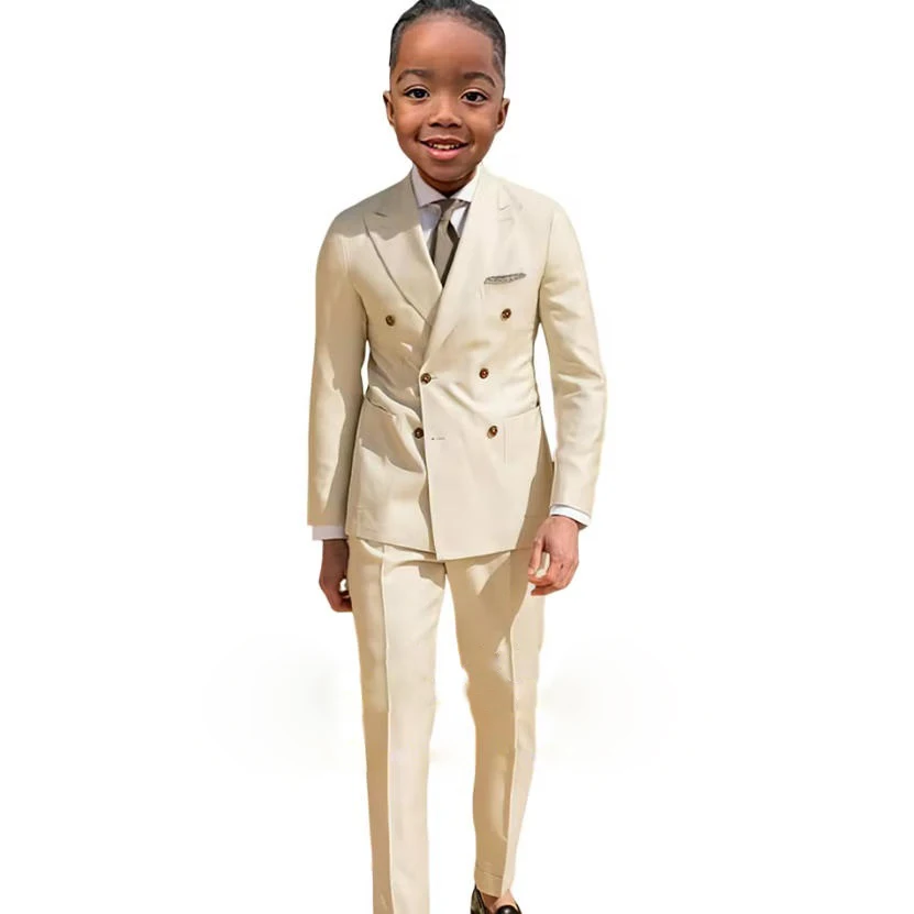 

Boys Suit Beige 2 Pieces Formal for Wedding Party Elegant Customized Double Breasted Jacket and Pants Vacation Casual