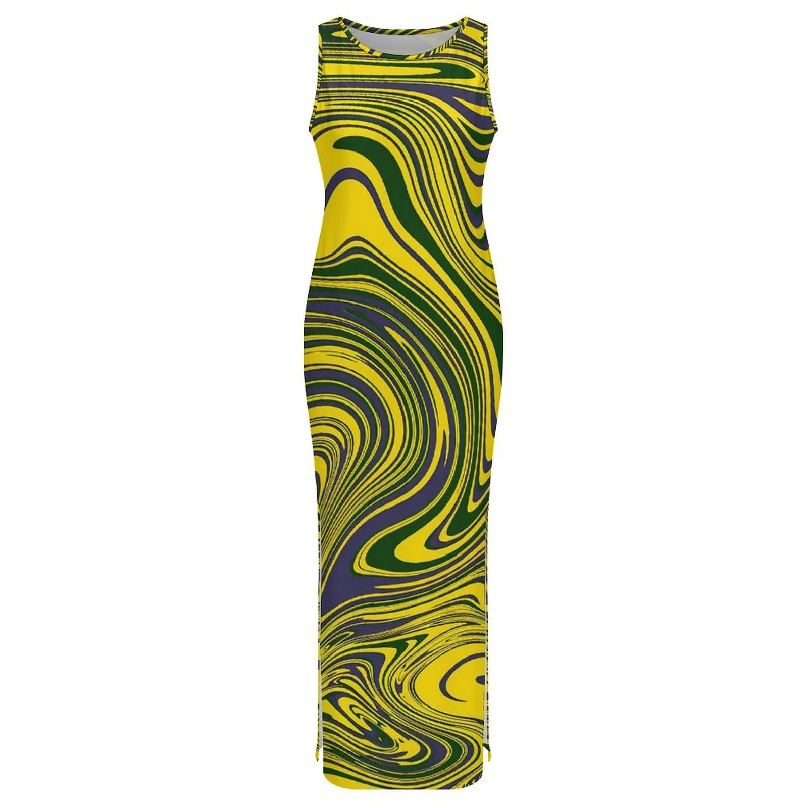 渦巻きプリントドレスノースリーブ黄緑紫ヴィンテージマキシドレス夏のストリートスタイルグラフィックボディコンドレスビッグサイズ4XL