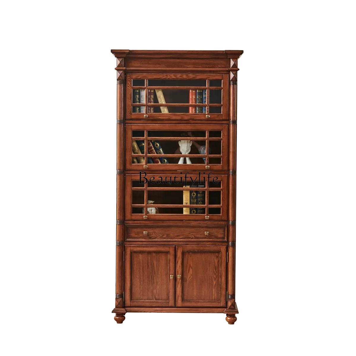 

04All solid wood American bookcase with door dustproof living room display cabinet