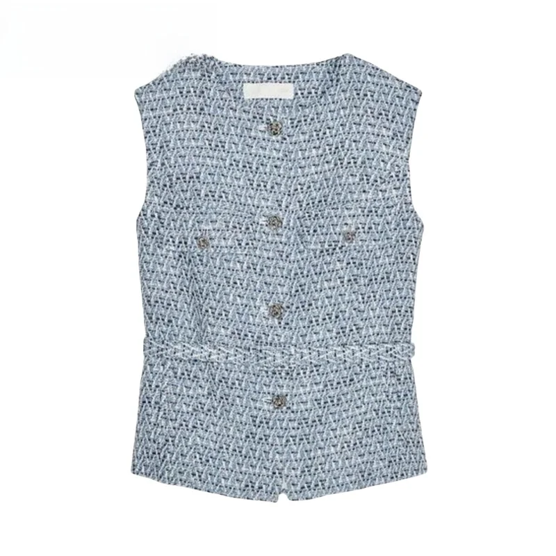 

Ele round Ne Svel Vest Belted Texture Women's Top Commute Sle Spring 2025 Pure Color Single Button Fastening