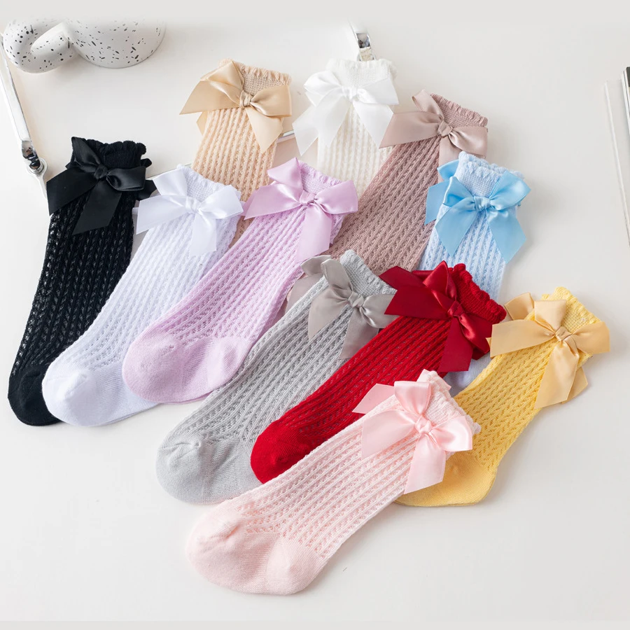 Baby Korean Bow Mesh Stockings Hollow Cotton Solid Color Princess Knee High Long Socks Newborn Infant Stockings for Little Girls