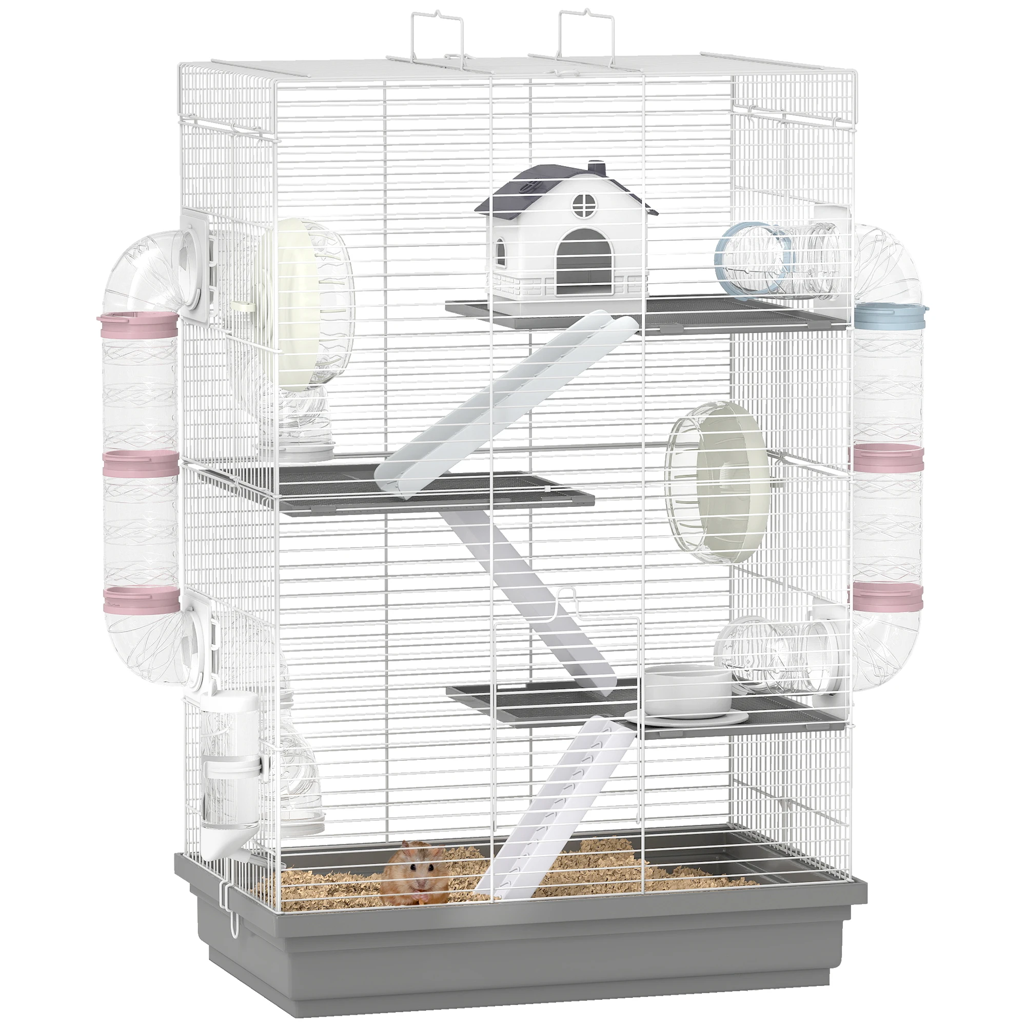 Pawhut Hamsterkooi, 47x30x70 cm, klein dierenhuisje met tunnel, platforms, voerbak, drinkbak, huisje, hellingen en loopwiel, voor dwerghamsters, gerbils, grijs