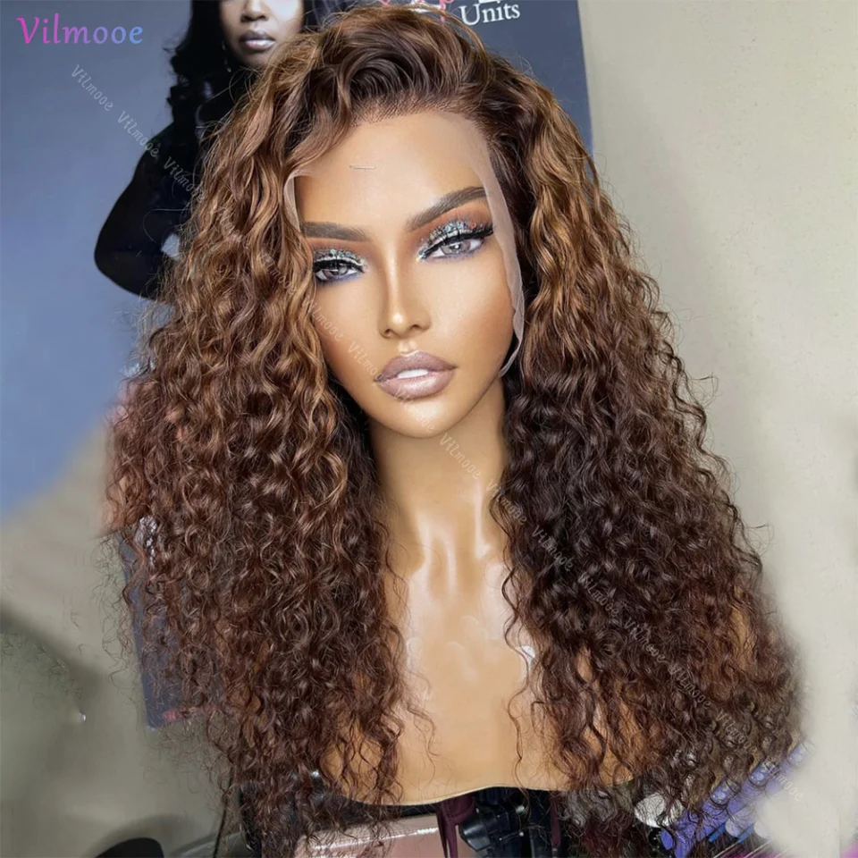 Ombre สีน้ําตาลบราซิล 4x4 หมวกหนังศีรษะลูกไม้ด้านหน้าวิกผม Kinky Curly 5x5 Silk Top Wigs สําหรับผู้หญิง Pre Plucked ความหนาแน่น 150