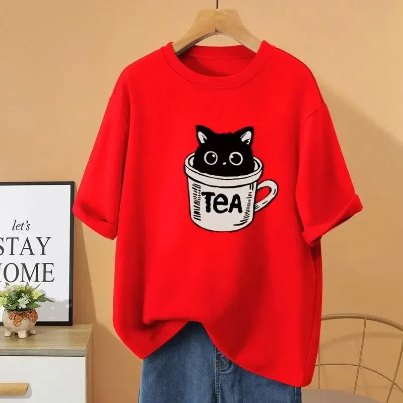 

Women Clothing 100% Cotton Fashion O-neck T-shirt Summer Casual Loose Short Sleeve Top Tee Cartoon Printed Basic Pullovers