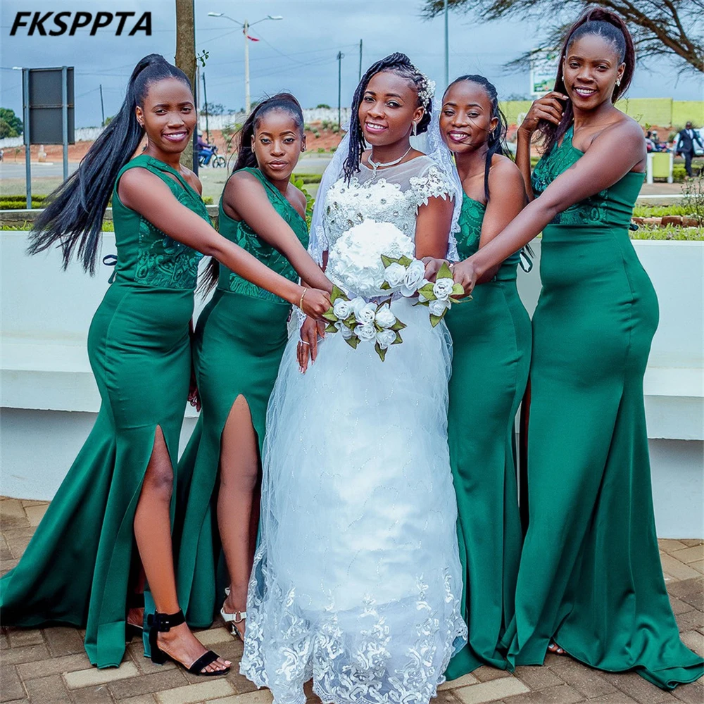 

High Quality Green Long Mermaid One Shoulder African Bridesmaid Dresses 2025 Wholesale Wedding Party Guest Gowns Cheap