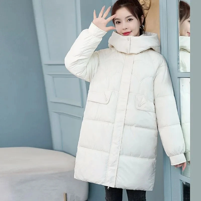 Mid-Long Down Cotton Jacket Women Korean Loose Puffer Coat 2023 New Thicken Warm Padded Parkas Hooded Manteau Femme Hiver 3XL