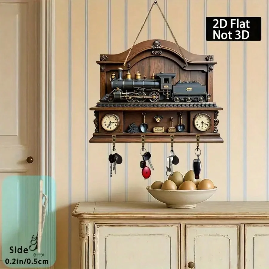 Two-Dimensional Vintage Iron Rail Pattern Decorative Wall Clock with Four Metal Hooks, Suitable for Entryways, Rooms, and Villas Size: 30.0cm × 23.01cm . Multifunctional Home DIY Wooden Key Storage Rack, Two-Dimensional Flat Design, Men's Gift, Home Hanging Decoration. Wall Art, Home Decor, Wall Displays, Art Walls