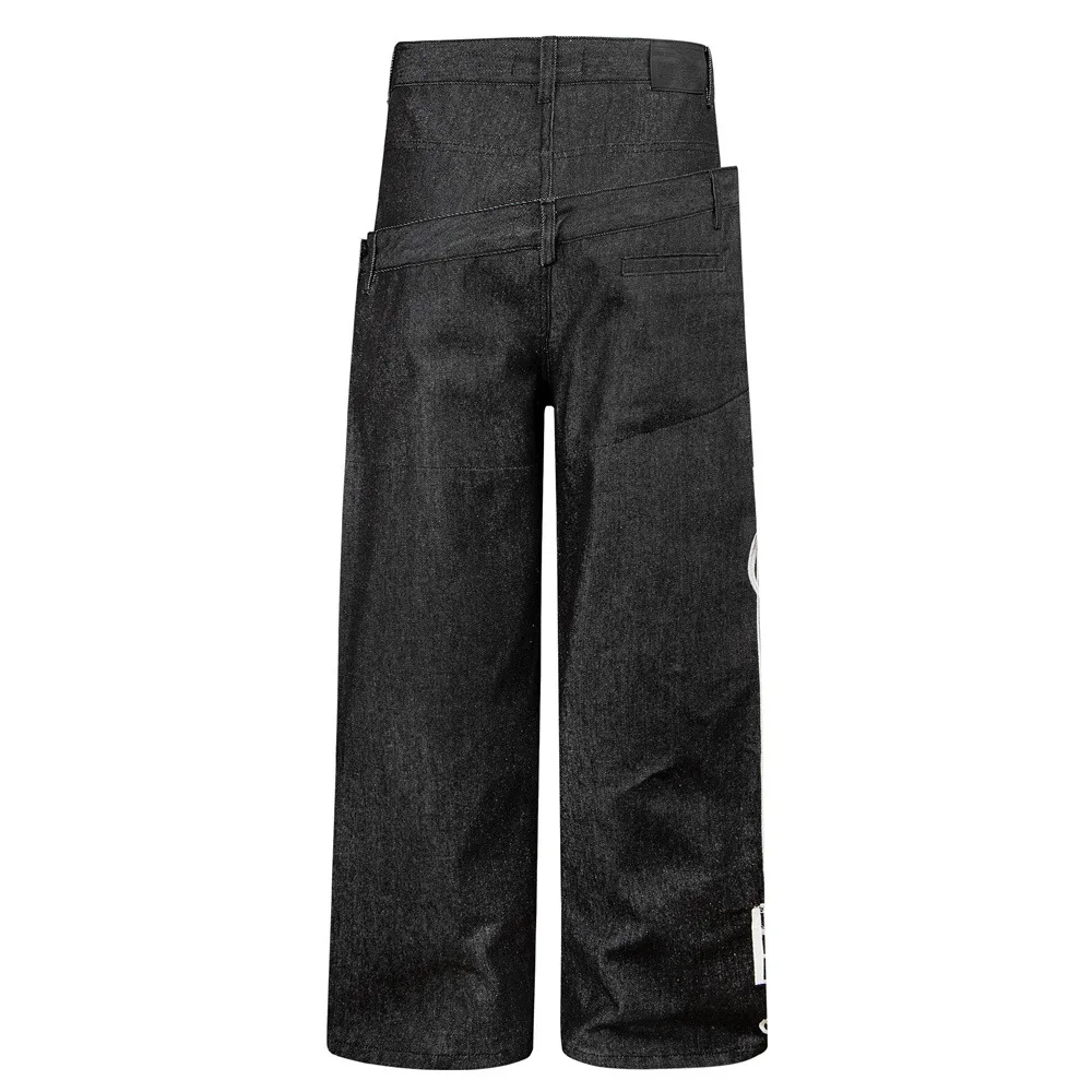 MWJLPWQ Double-Waisted Denim Trousers For Men Trendy Symbol Embroidery Buttoned Diagonal Patchwork Design Unique Jeans 20974