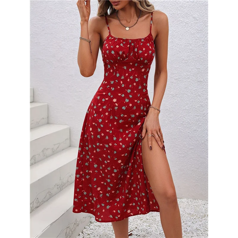 CYL-Abito estivo floreale da donna Abito longuette con cinturino per spaghetti Abito diviso senza schienale Abito boho da spiaggia per le vacanze