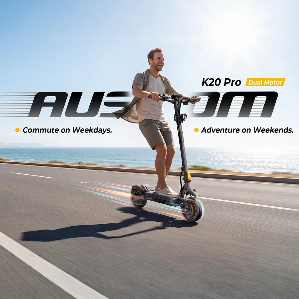 Ausom K20 Pro, monopattino elettrico con doppio motore, potenza massima 2800 W, autonomia di 90 km, velocità massima 20 km/h, pendenza superabile del 33%, portata 130 kg, pneumatici tubeless da 10",