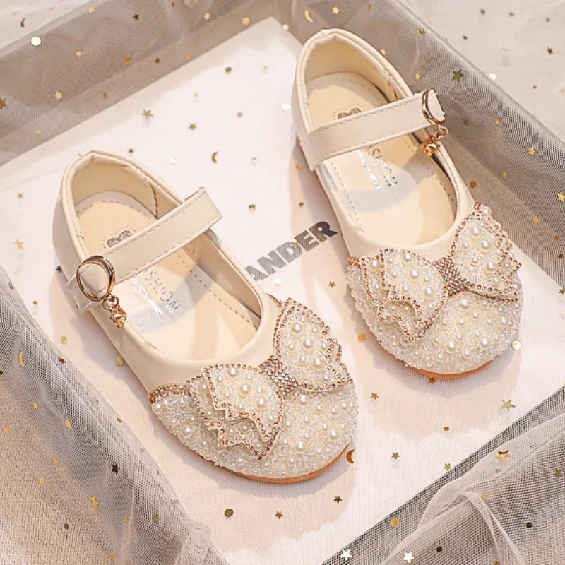 Kids Leather Shoe Spring Autumn Children Princess Shoes Fashion Sweet Rhinestone Bowknot Girls\' Flat Shoes for Wedding Shallow