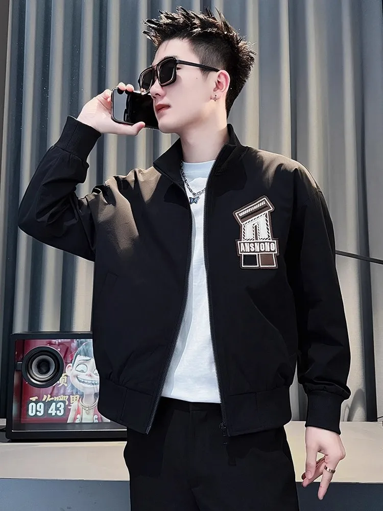 

Мужская повседневная куртка с бейсбольным воротником и вышивкой букв, весенне-осеннее новое легкое ветрозащитное пальто из полиэстера