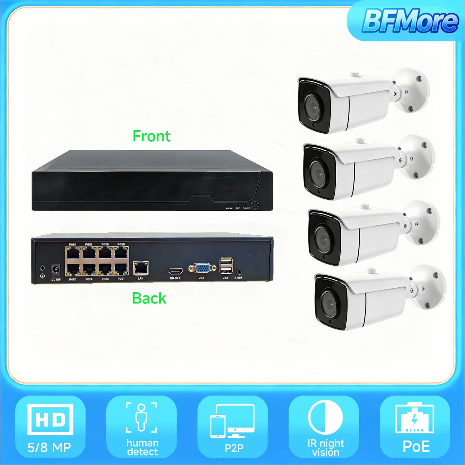 BFMore 4K POE Video 5X Zoom Surveillance System 8CH NVR With 8MP 5MP 2MP Security CCTV Kit Audio Recording Two-way Audio