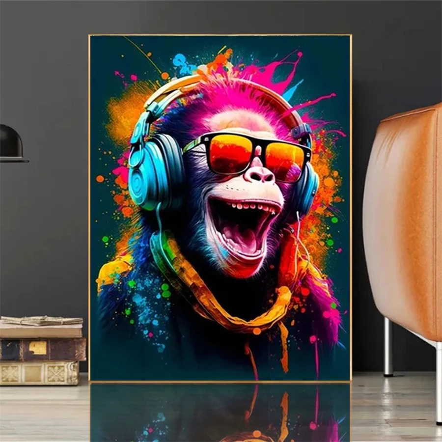 DIY Diamond Painting The Chimpanzee listening to Music in Modern Colorful Art Full Diamond Embroidery Mosaic Handmade Gift