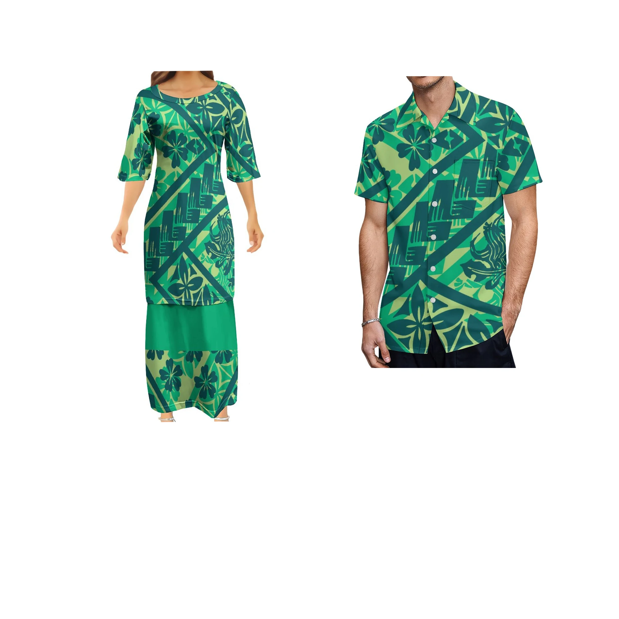 Newest Green Samoan Women Dresses Polynesian Traditional Tribal Design Dress 2 Piece Set Collocation Men Shirt Sets Of Couples