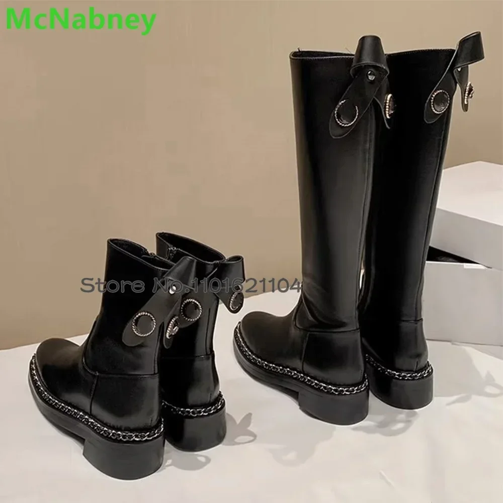 

Black Round Toe Chunky Heel Luxury Boots For Female Women Knee High Side Zipper Flat With Leather Fabric Elegant Fashion Shoes