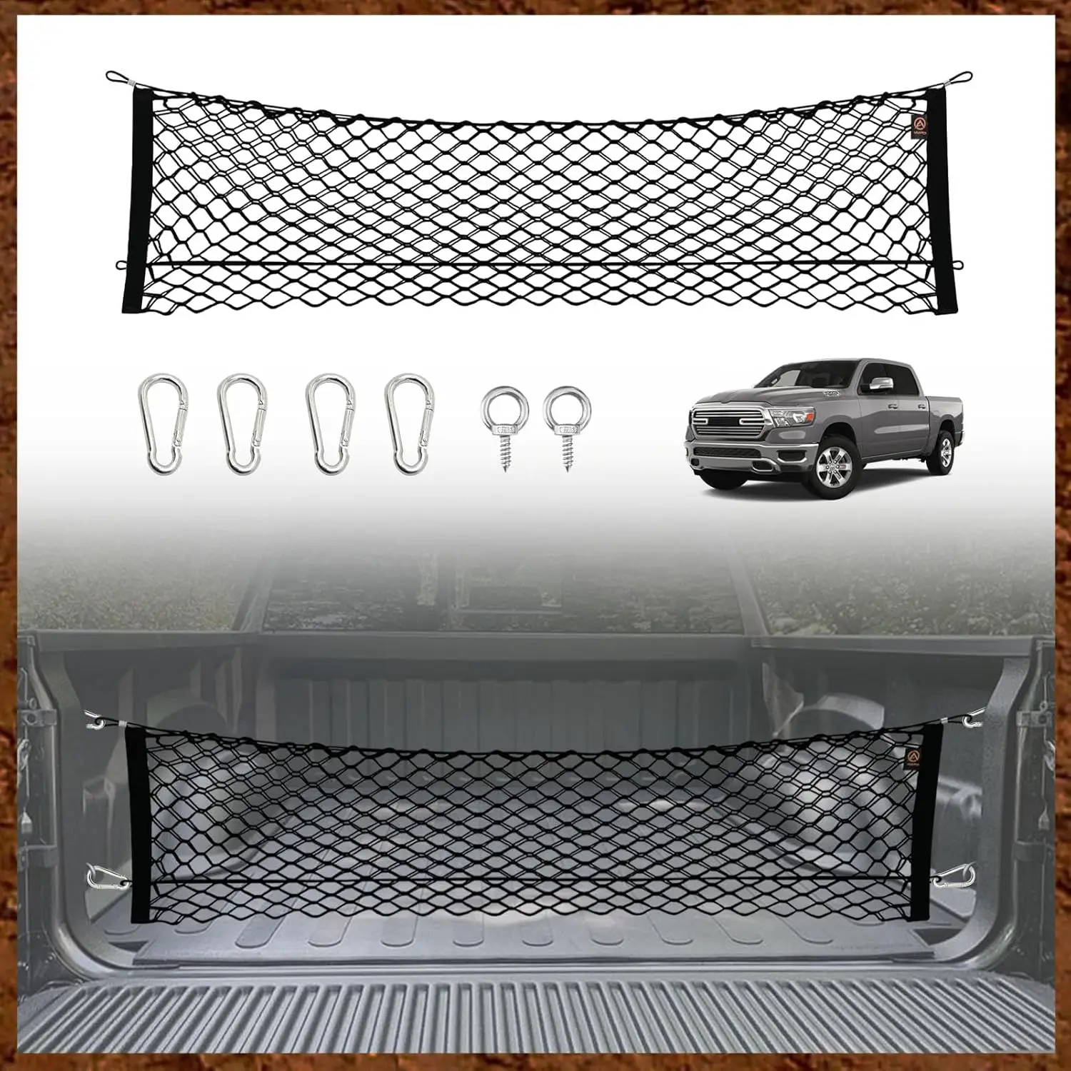 

2019-2025 Dodge Ram 1500 Truck Bed Cargo Net - Heavy-Duty Envelope Organizer with 10 Metal Hooks, No-Drill Storage System