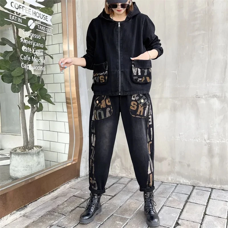 NEW Spring Autumn Denim Jacket Suits Women Retro Hooded Patchwork Letter Jeans Pants Outfit Large Size Denim Coat Two-Piece Sets