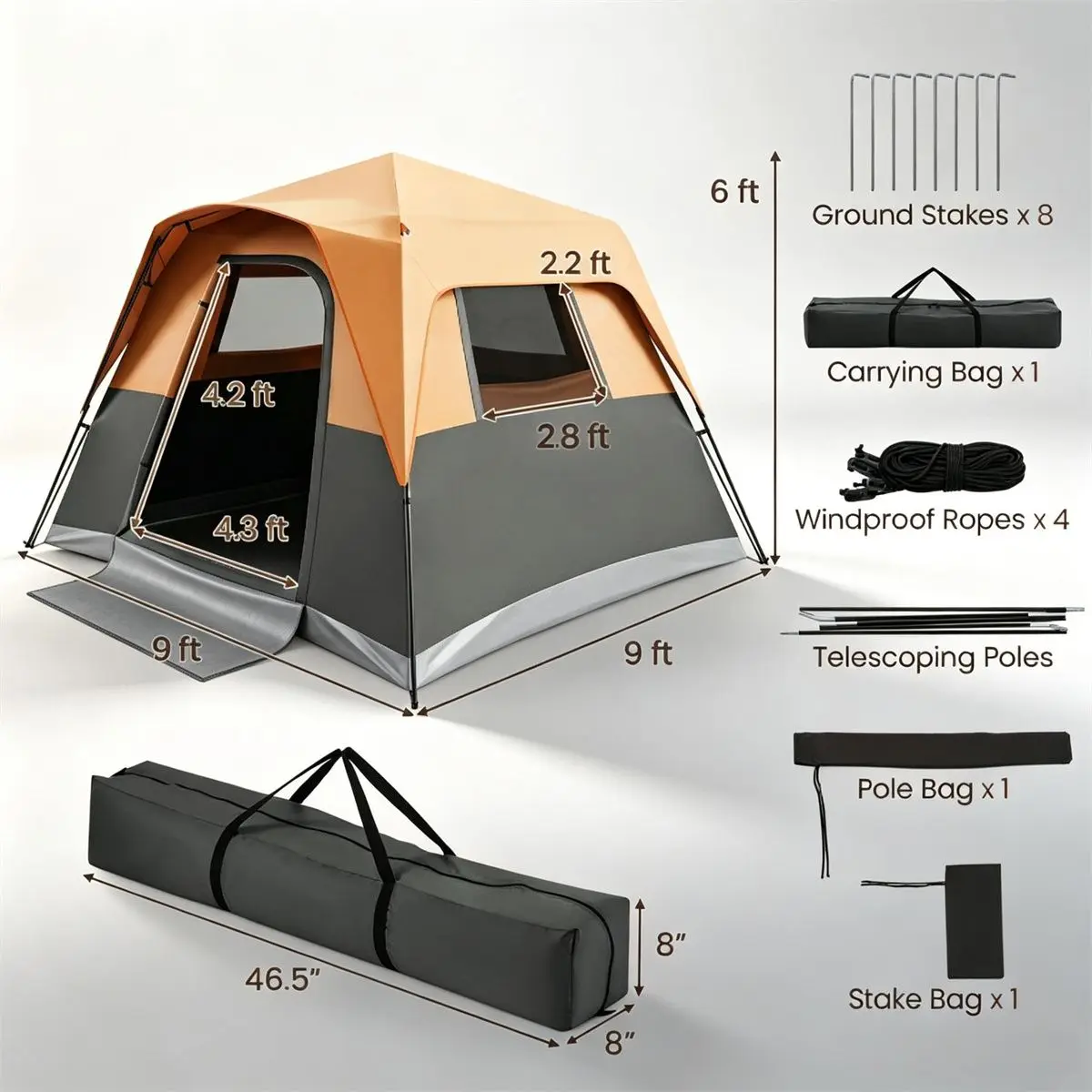 Carpa de Exterior Naranja con Bloqueo de Luz, Lona Impermeable y Resistente al Viento, Interior Grande de 9x9 pies, con Bolsa de Transporte, Estacas y Cuerdas, para Campamento Familiar, 1 Pieza