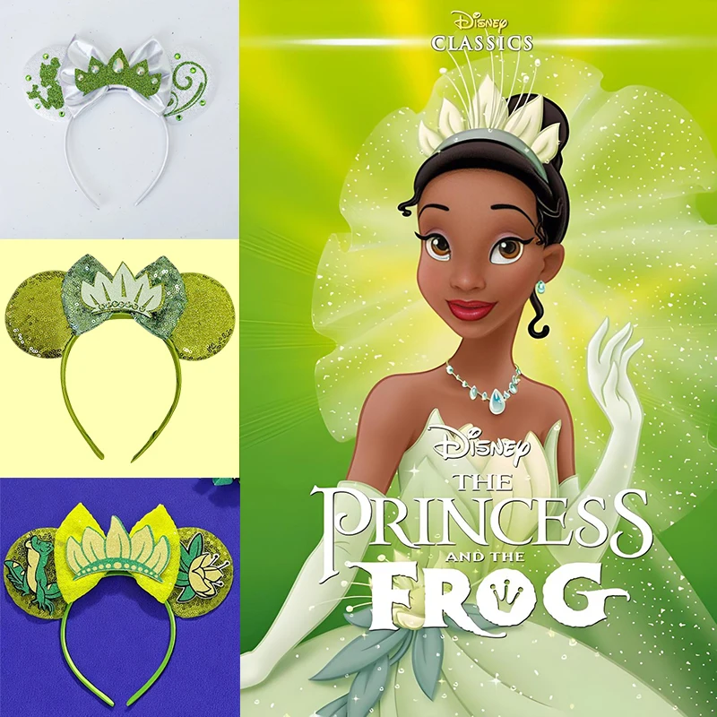 Diademas de Disney Anime La Princesa y el Sapo para mujer, accesorios de corona de Tiana, diadema con orejas de lazo y lentejuelas, para cumpleaños y festivales