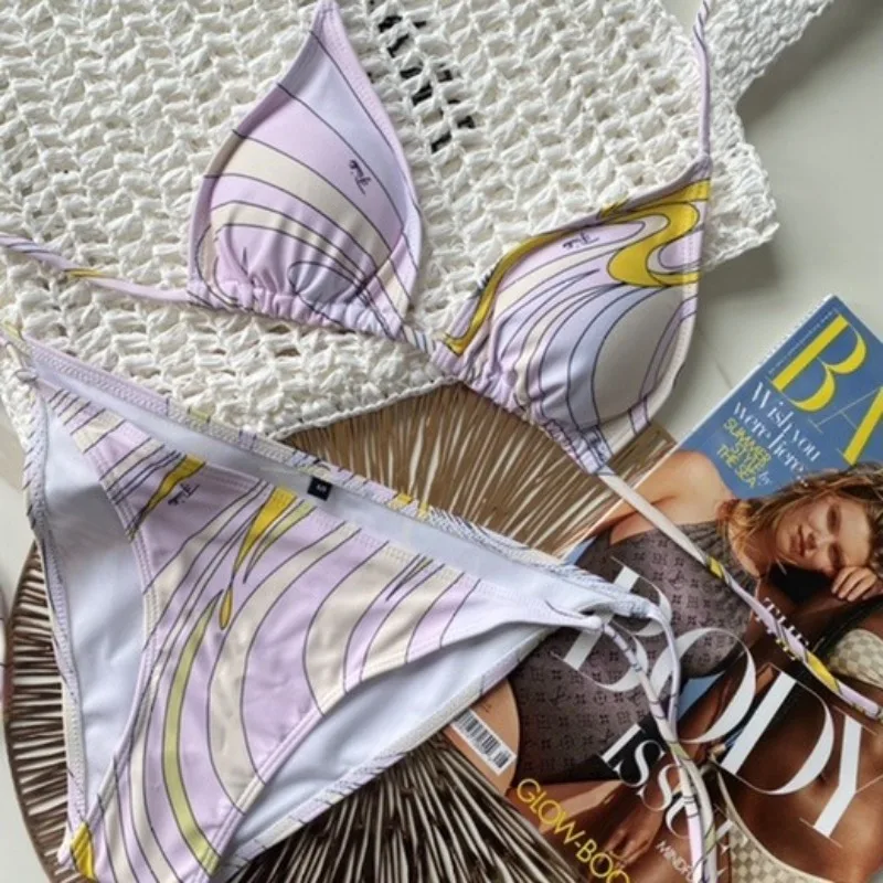Moda impressão sexy conjuntos de biquíni triângulo laços brasileiro chique maiô feminino banho verão praia fatos de banho conjunto biquinis