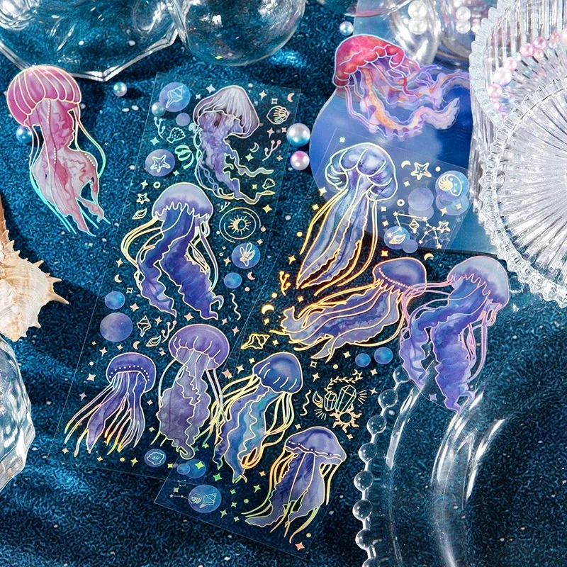 2 Pcs/Pack Jellyfish Fantasy Series Holographic PET Stickers Ocean Themed Decorative Stickers For Scrapbook Journal DIY Craft